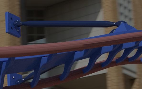 A 3D render of a small section of a blue rollercoaster track with rusty red rails, overlaid over a frame of video of a street.